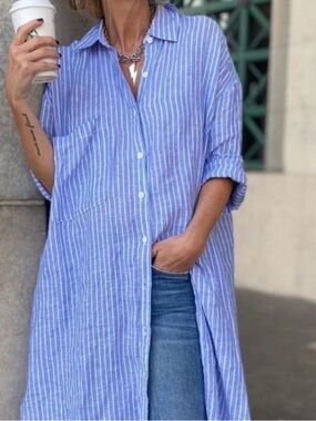 Zara Blue Stripe Women’s Button-Down Tunic Shirt